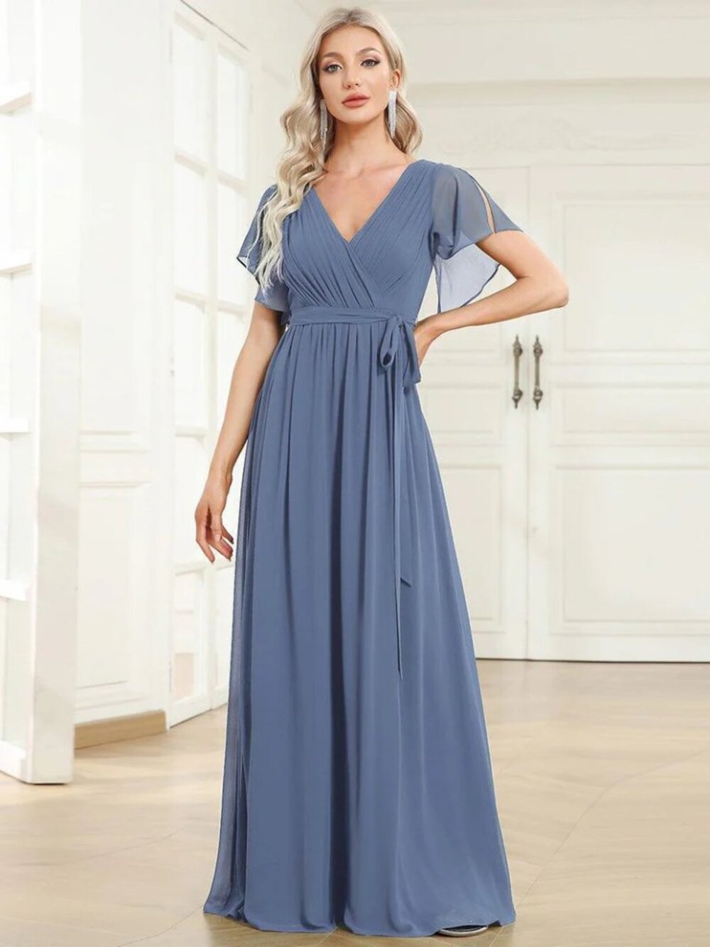 Ever Pretty LEORA Dusty Blue Flowy Pleated A-Line Chiffon Tie-Waist Dress